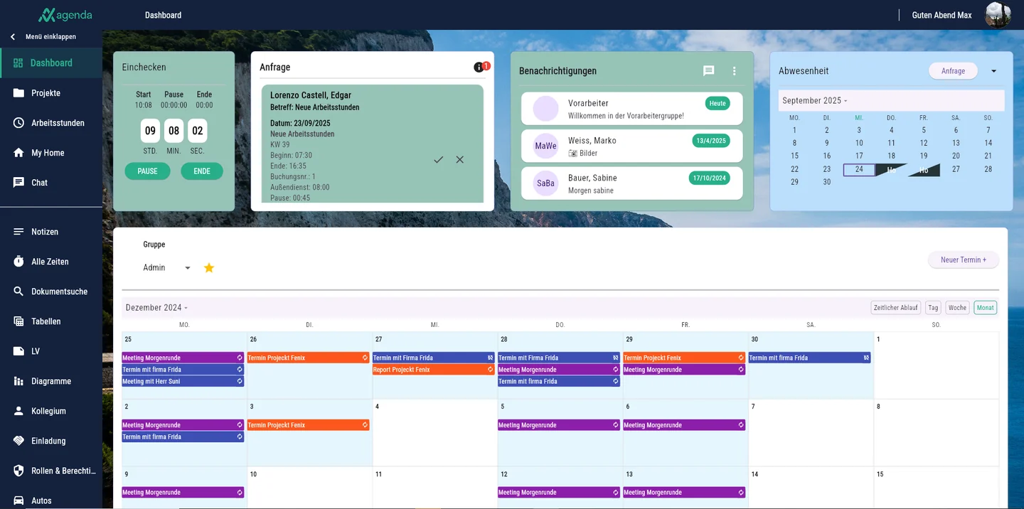 Agenda-App Dashboard am PC mit der Einchecken-Kachel für Start, Pause und Ende