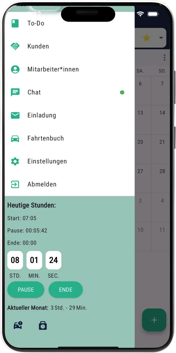 Agenda-App auf dem Smartphone: heutige Stunden mit Start, Pause und Ende sowie laufendem Zähler